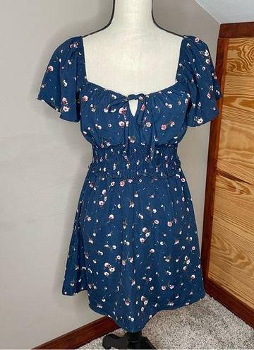 Trixxi Navy Blue Floral Smocked Waist Square Neck Tie Front Mini Dress Small