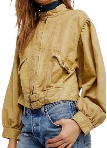 Free People  Poet Full Zip Jacket Puff Sleeves Moto Bomber Tan Boho size large