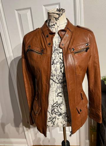 Vera Pelle Lory  ITALIAN BEAUTIFUL GENUINE LEATHER  BELTED JACKET , MADE WITH SOFT LAMBSKIN ! COLOR : BROWN DISTRESSED motorcycle Sz 42 Cognac Solofra Italy