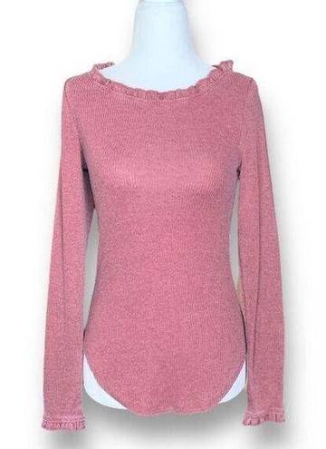 Chaser  Top Ruffle Trim Ribbed Knit Long Sleeve Pink Small NWT