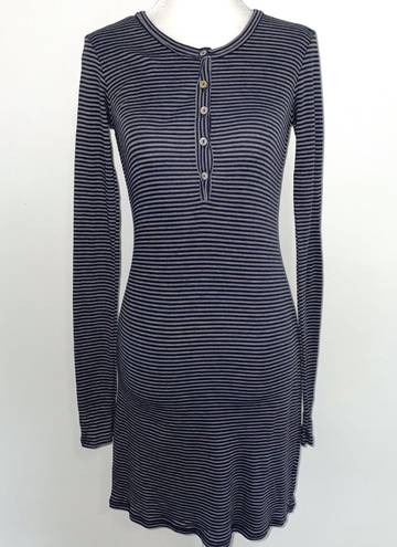 LA Made New  Striped Ribbed Knit Long Sleeve Henley Mini Dress Navy Grey