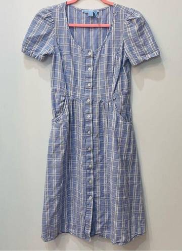 Draper James  Dress Blue Plaid Button Down Linen Blend Cottagecore size 2