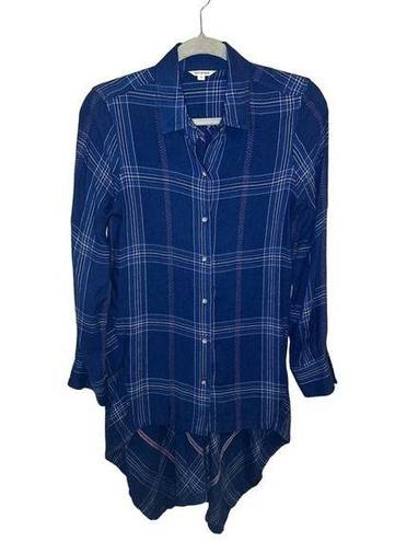 Max Studio  Blue Plaid Long Sleeve Rayon Button Up High-Low Shirt - Size S