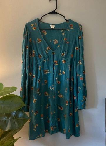 Billabong Blue Teal Floral Days on End Long Sleeve Button Mini Dress size XL