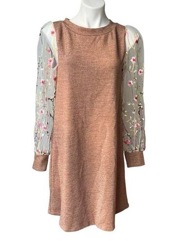 Renee C . Brown Metallic Dress with Sheer Mesh Embroidered Long Sleeves; Sz M