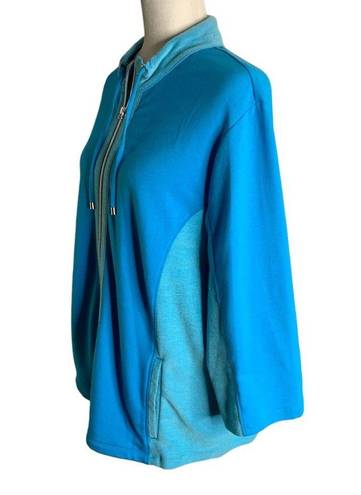 Chico's  Full Zip Athletic Sweatshirt L Blue Drawstring Neck Pockets Stretch