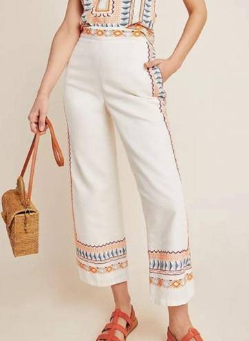 Anthropologie  Wide Leg Boho Embroidered Linen Pants with Pockets White 0