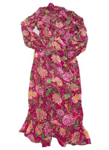 Rococo  Sand Dress Womens Small Pink Chloe Wrap Floral Motif Ruffle Long
