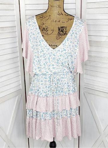 StitchDrop Mendocino Flutter Sleeve Ruffle Dress Pink Blue Small Floral