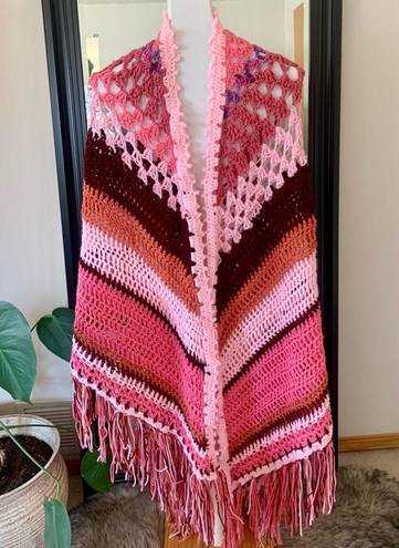 Pink Full Length Crochet Wrap/Shawl With Fringe Size undefined