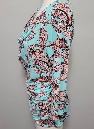 Ny&co NY& 7th Ave teal paisley drape neck ruched blouse size small