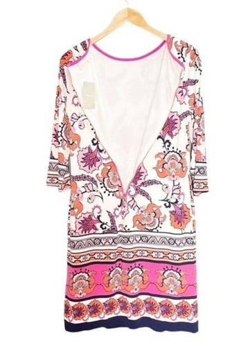 Chico's NWT Chico’s Floral Print Fitted Short Dress Pink Combo 3/4 Sleeves Womens 0 | XS