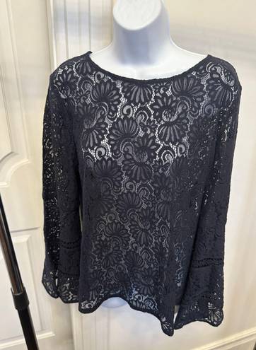 The Loft  Lace Long Bell Sleeve Top Blouse Navy Blue EUC