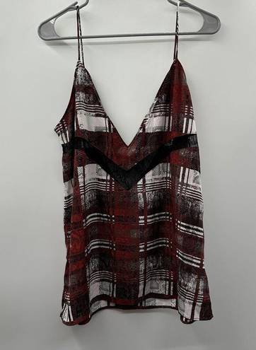 Lovers + Friends  Camisole Tank Top Black Lace Red & Gray Plaid Print Size L