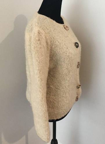 The Moon  GRAY Vintage Off White Boucle Knit Sweater Cardigan Wood Buttons Medium 4