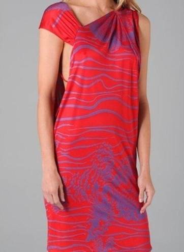 Halston Heritage Red Swirl Floral Draped Tie Asymmetrical Silk Blend Mini Dress