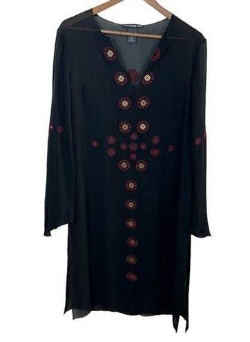 Vivienne Tam  Tunic‎ Top 3 (Large) Black 100% Silk Sheer Embroidery Slits