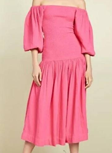 Harper RHODE  Smocked Off Shoulder Puff Sleeve Hot Pink Midi Dress Gauze Cotton