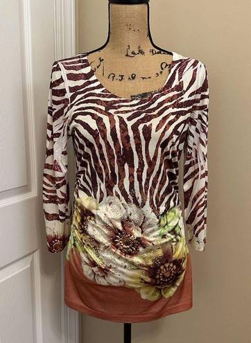 Cache White Brown Animal Stripe Floral Beaded Ruched Y2K Jersey Size Large