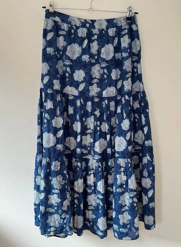 Rahi Pierre Floral Tiered High Rise Pleated Boho Cotton Maxi Skirt Blue Size L