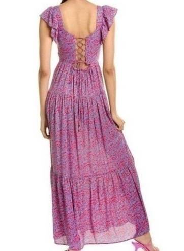 Sabina Musayev Truly Metallic Maxi Dress Pink Blue Floral Lace Up Back Size XS