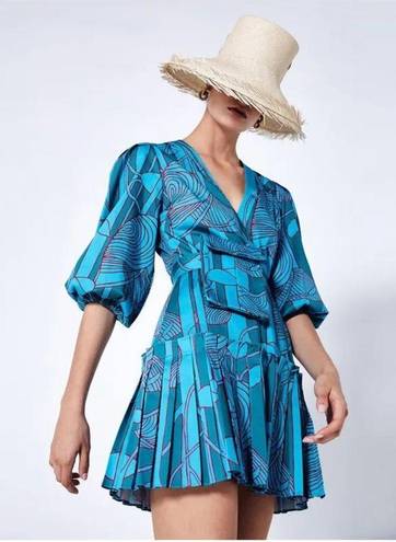 Alexis Sakura Blue Green Tropical Pleated Puff Sleeve Mini Dress sz XS $495