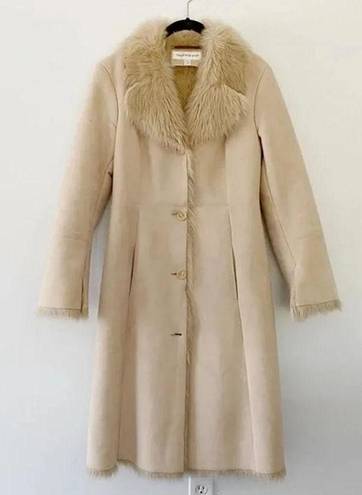 Jones New York Faux Suede Faux Fur Trim Long Coat Cream Size S