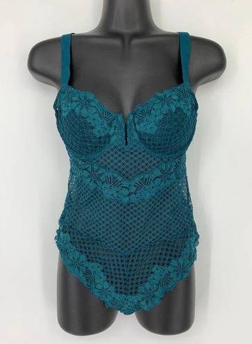 One Piece Auden Bodysuit Women's Size S Lace  Sheer Teal Blue