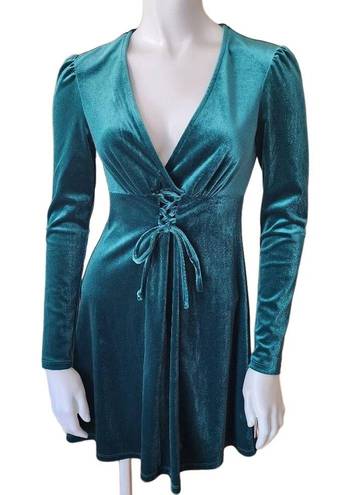 Bebop NWT  Long Sleeve Velvet Lace Up Hunter Green Fit & Flare Dress (S)