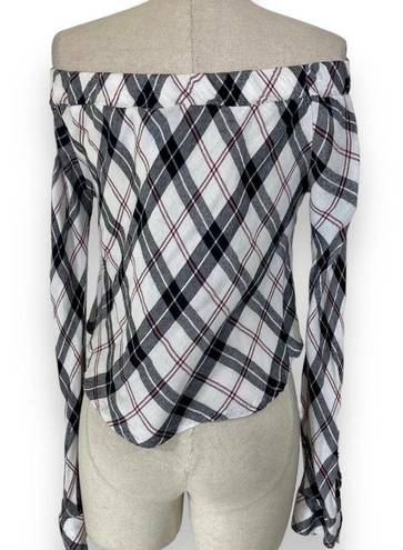 Wet Seal  plaid off shoulder top, women's small button front long sleeve blouse