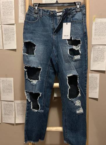 Cello Denim Ripped High Waisted Jeans with Black Mesh Fishnet