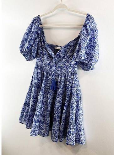 ZARA  Floral Ballon Short Puff Sleeve Mini Sundress Blue White Medium