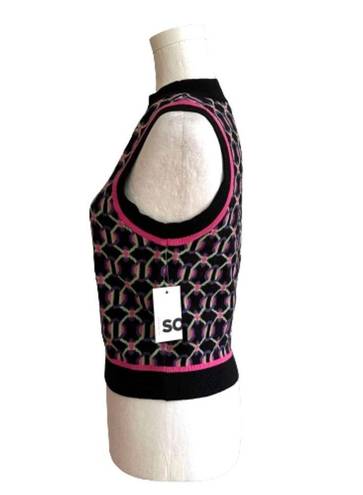 SO  Retro Sweater Vest Preppy Black Fuchsia Crop High Neck Vest Junior Medium NEW