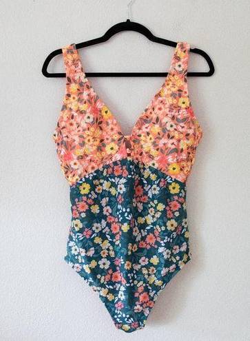 Beach Club Palisades  Orange and Teal Floral Print One Piece Swimsuit