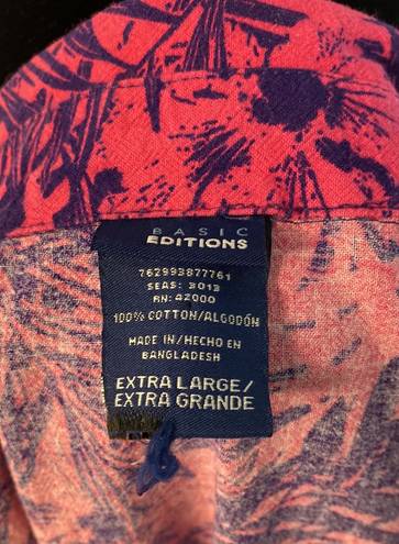 Basic Editions  Hot Pink & Purple Hibiscus Palm Leaves Floral Button Down Size XL