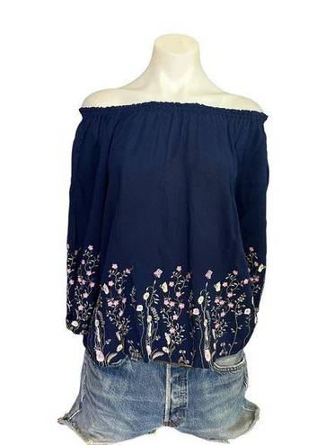 Blue Rain Blue Embroidered Peasant Top SMALL Butterfly Floral Babydoll Off Shoulder Boho