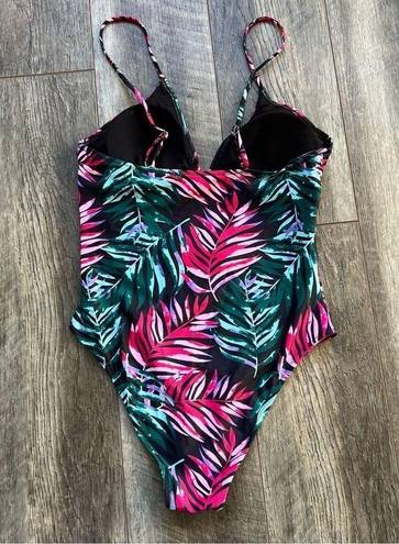 Beachsissi  NWT One Piece Swimsuit Size Large Black Pink Green Tropical Palm