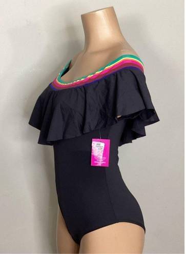 Trina Turk New.  black ruffle neck swimsuit. Size 10. Retails. $159