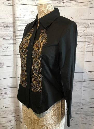 Coldwater Creek NWT  embroidery & sequence  black button down size XS