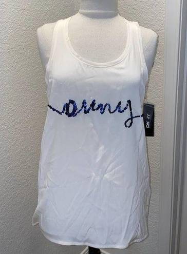 DKNY  Cream Silk Racerback Sleeveless Tank w/ Blue “DNKY” Logo Sequined NWT Sz M