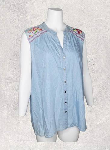 Style & Co  Macys Chambray Floral Embroidered Detail Sleeveless Button Up Top XL