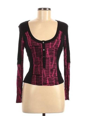 Vince  Top M Long Sleeve Scoop Neck Henley Cropped Black Hot Pink Design Buttons