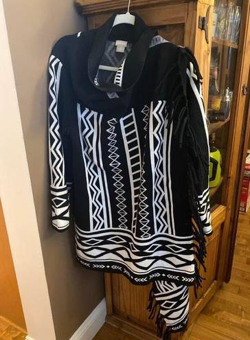 Chico's Chico’s Aztec print open front fringed cardigan front Black White  size XL