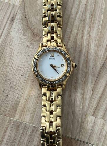 Seiko  Diamond Ladies Watch Vintage Gold Tone Bracelet White Dial Date Window