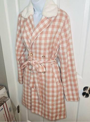 Aura  It's A Look Light Pink Plaid Coat Tie Double Breast Pearl Button M J NWT