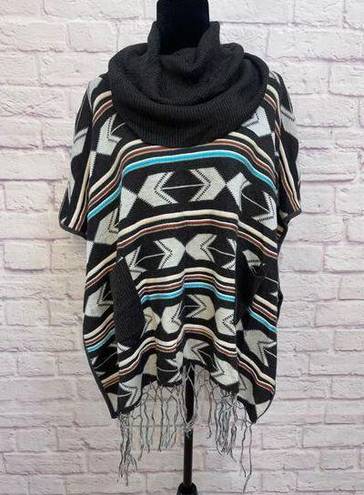 Double Zero  Boho Cowl Neck Poncho Sweater With Fringe Size M Wool Blend