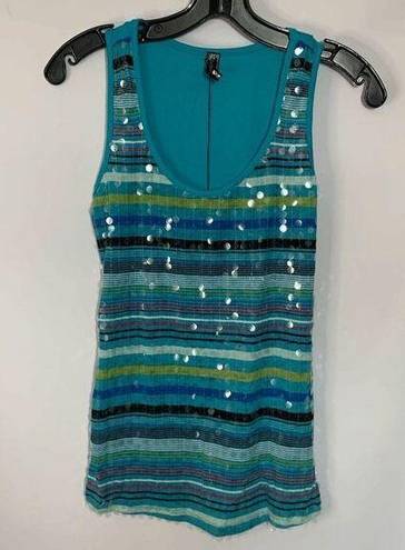 Poof  Couture Women's Striped Sequins Tank Top Scoop Neck Stretch Size Small