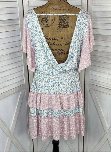 StitchDrop Mendocino Flutter Sleeve Ruffle Dress Pink Blue Small Floral