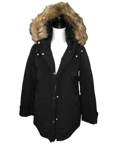 Gallery NWT  Faux Fur Trim Hoodie Soccer Mom Polyfill Jacket Coat Black S