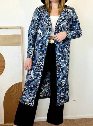 Vintage Blue  Abstract Printed Cotton Long Collared House Duster Blazer Trench